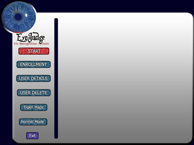 Eye-Judge menu: start, enrollment, user details, user delete, eigen maps